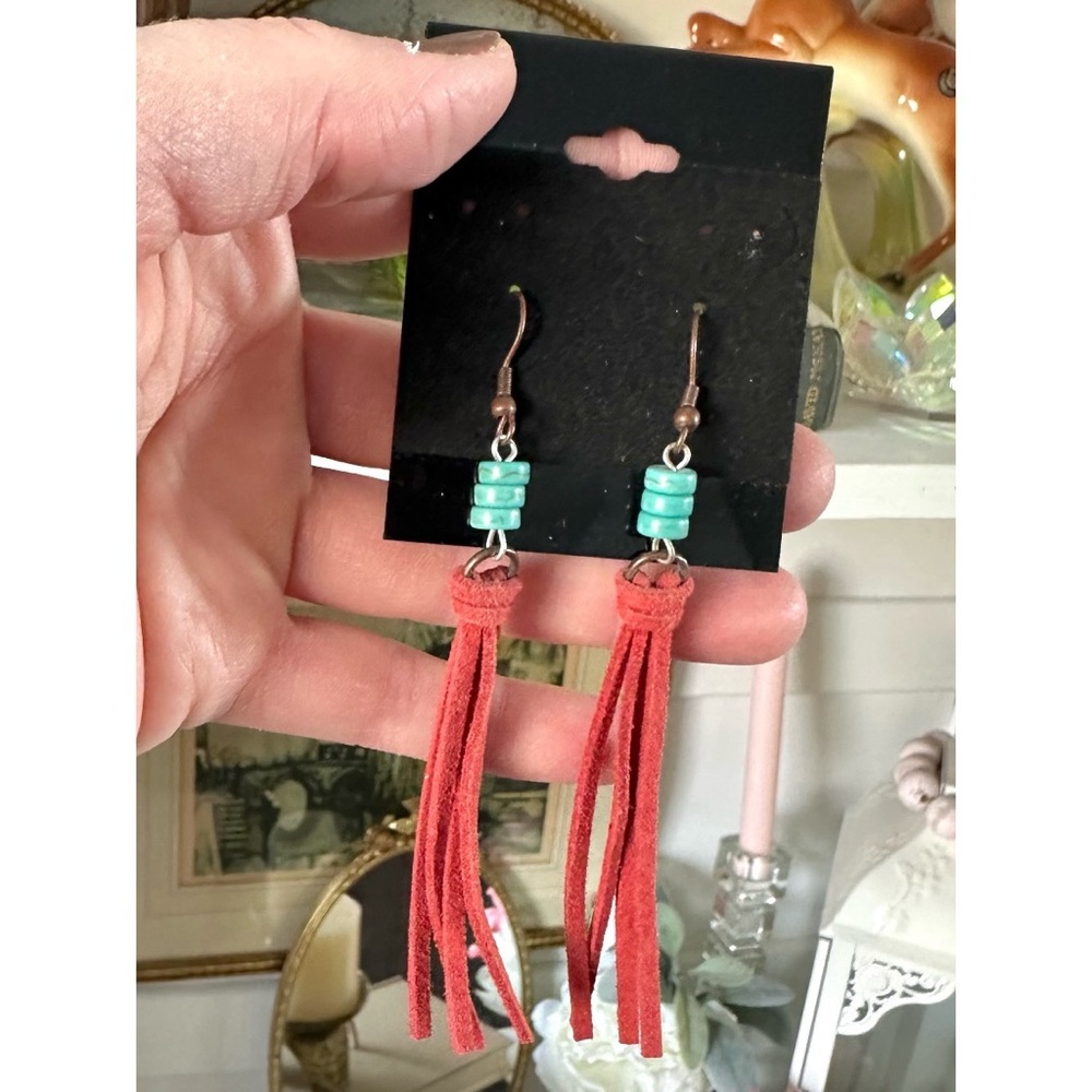 Turquoise & red leather tassel earrings